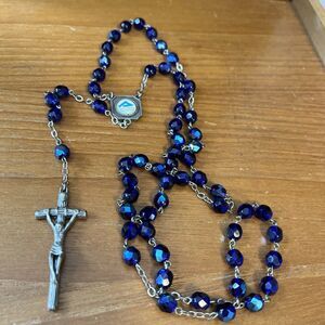 Catholic  Iridescent Blue Glass Rosary , Holy Cross Ministries  Center, Crucifix